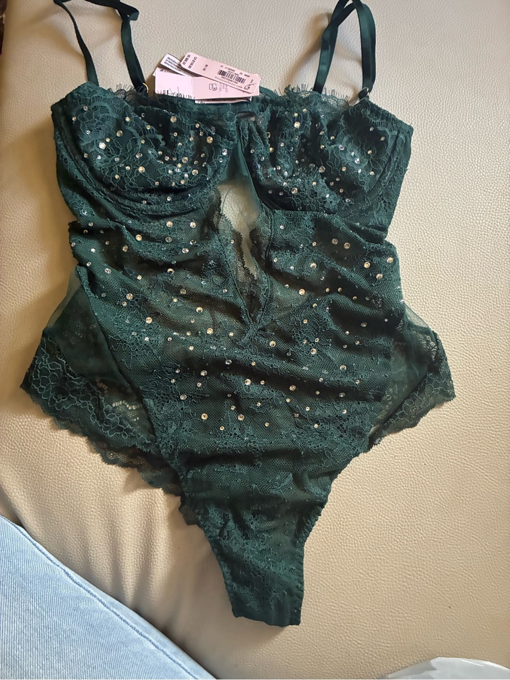 Victoria Secret Lace Rhinestone Teddy Bodysuit - Deep Green